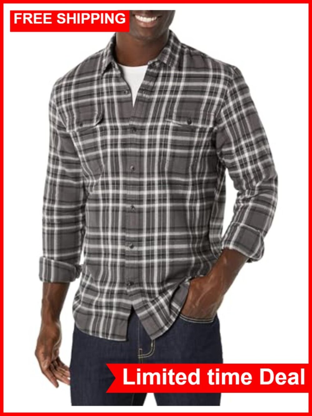 Men's Slim-Fit Flannel Long-Sleeve Button Down Shirt, 100% Cotton Plaid